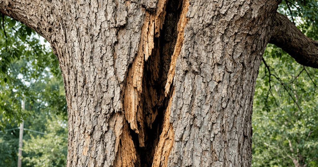 Cracked tree trunk showing a deep split that increases the risk of tree failure
