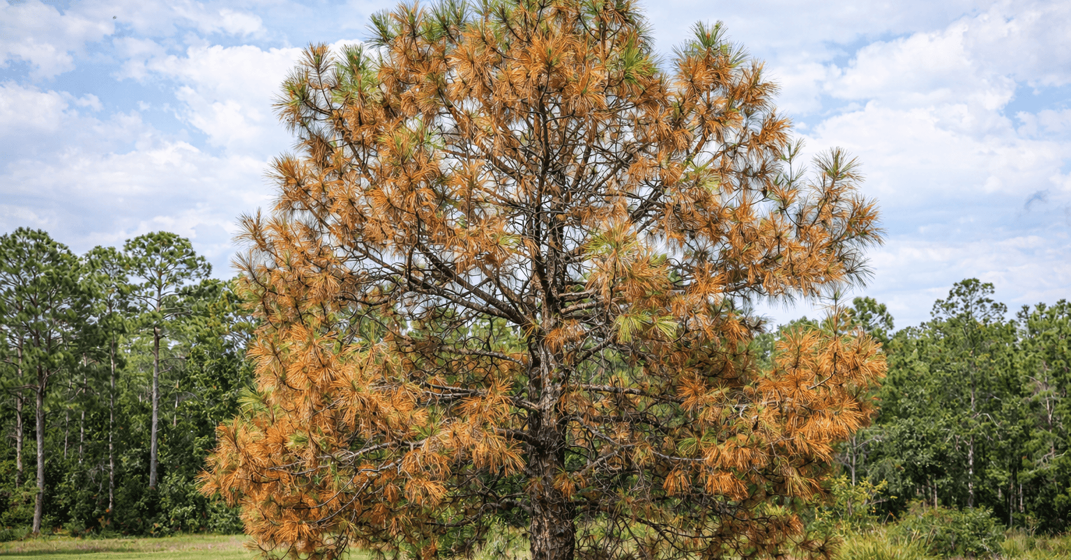 Pine tree with brown needles showing signs of stress in Northwest Florida