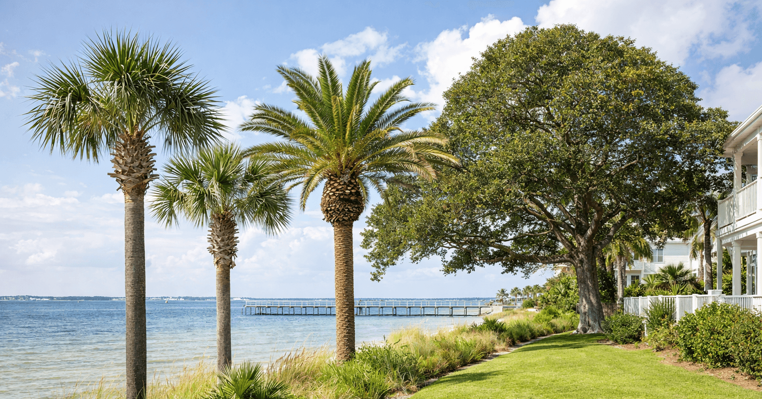 Salt-tolerant trees growing along a waterfront property in Pensacola Beach Florida