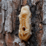 Close-up of a Pine Bark Beetle pitch tube on the trunk of a dying tree.