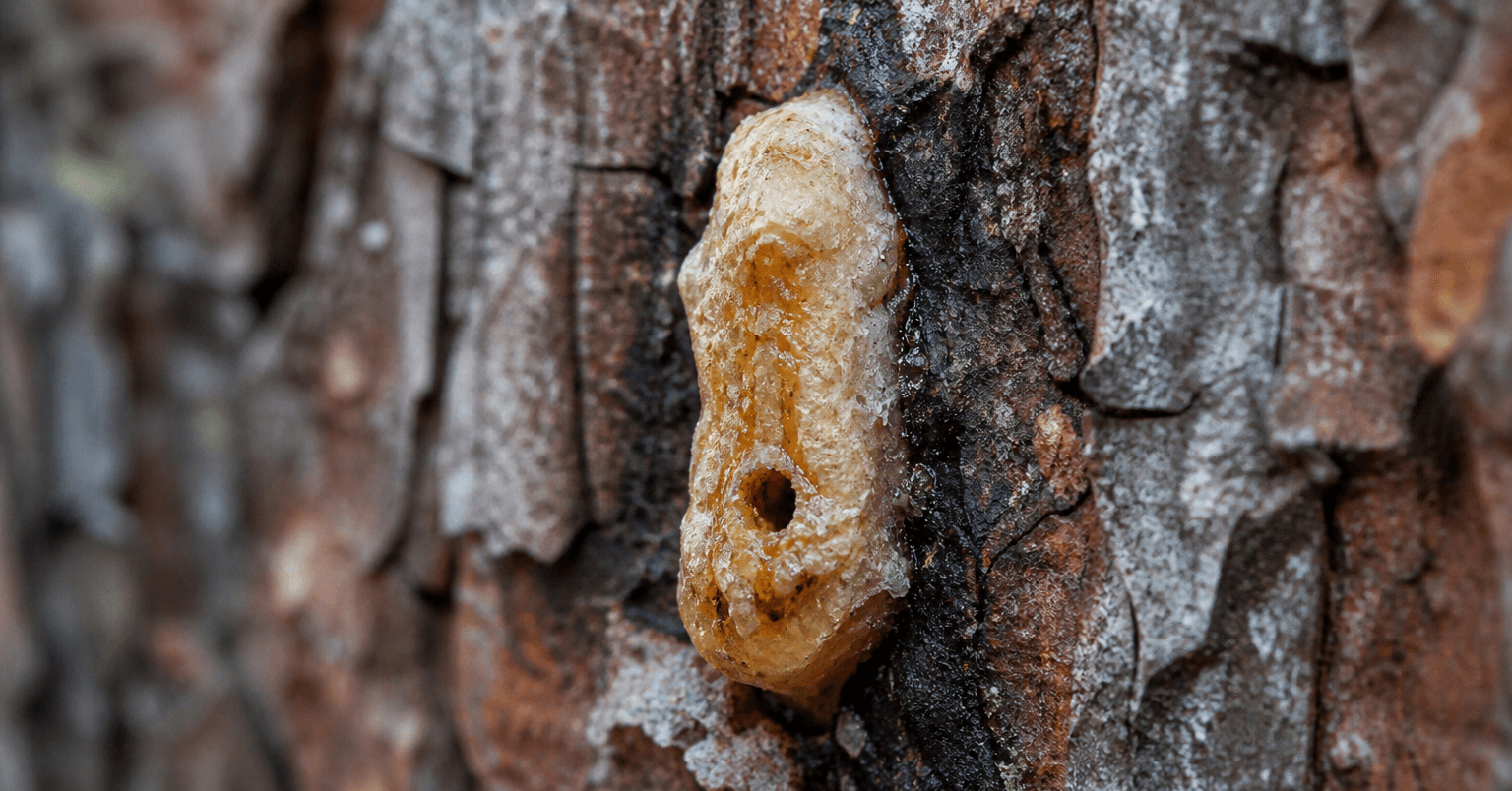 Close-up of a Pine Bark Beetle pitch tube on the trunk of a dying tree.