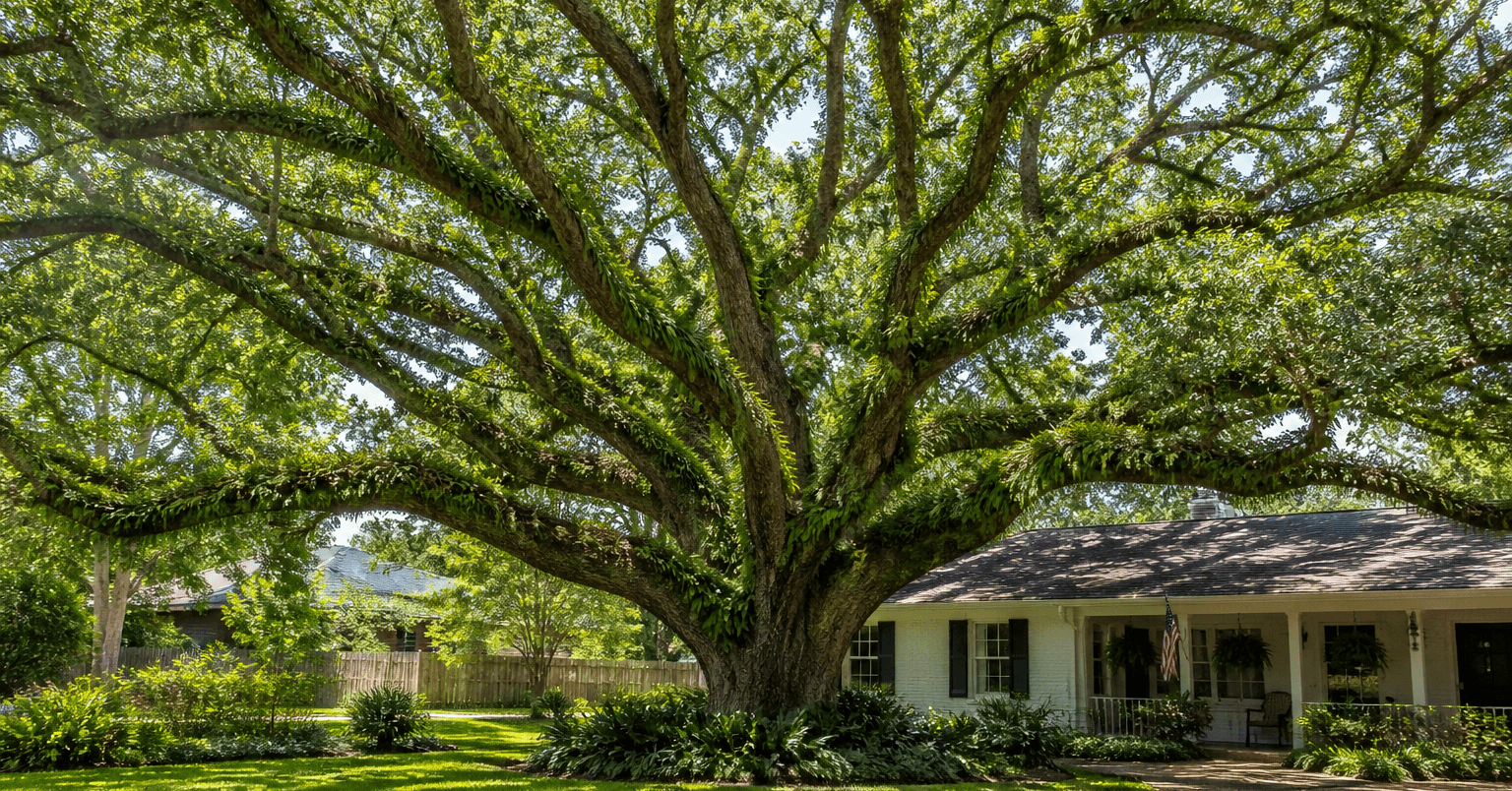 Majestic Live Oak with a wide-spreading canopy in a Pensacola residential yard.