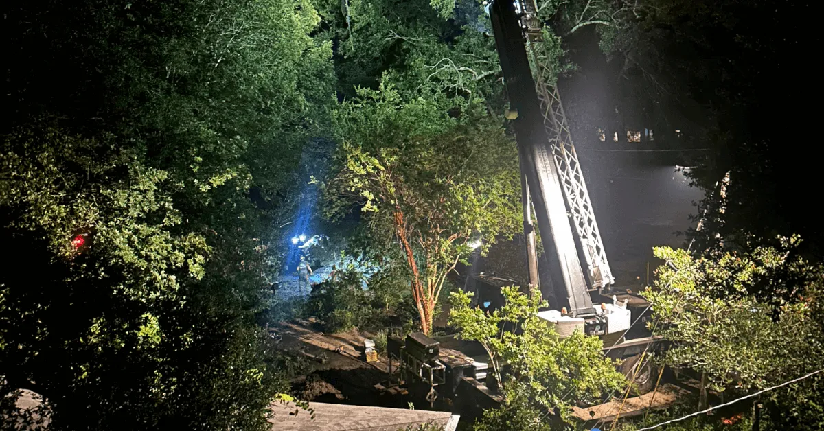 Fallen tree on roof in Pensacola FL after storm