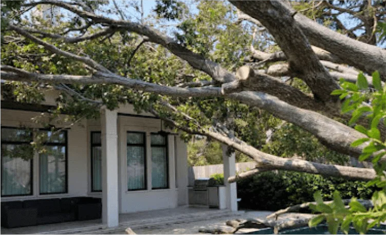 Emergency tree removal crew using a specialized crane to lift a tree off a house in Pace, FL.