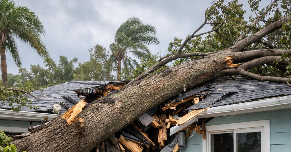 A storm-damaged tree fell on a Florida home after severe weather