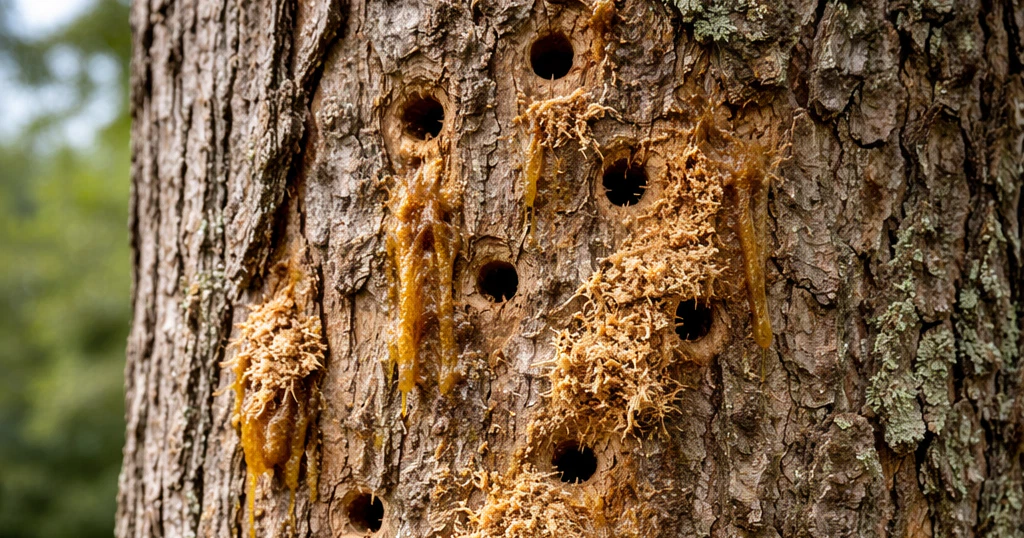 Tree borer damage on a tree trunk in Pensacola, Florida