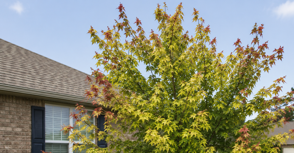 A Red Maple tree showing signs of leaf chlorosis in a Pace, FL residential yard.