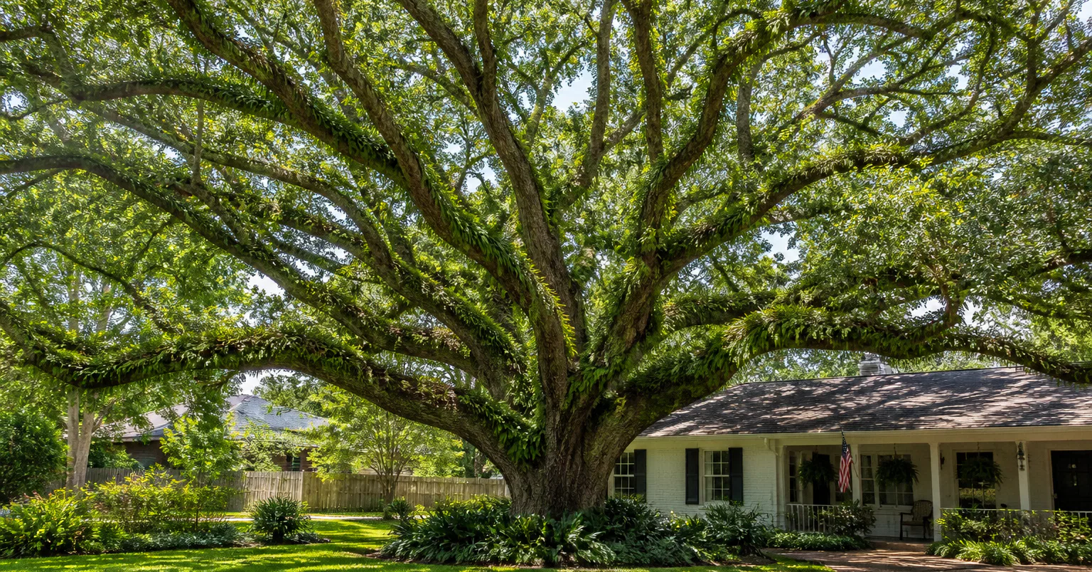 Majestic Live Oak with a wide-spreading canopy in a Pensacola residential yard.
