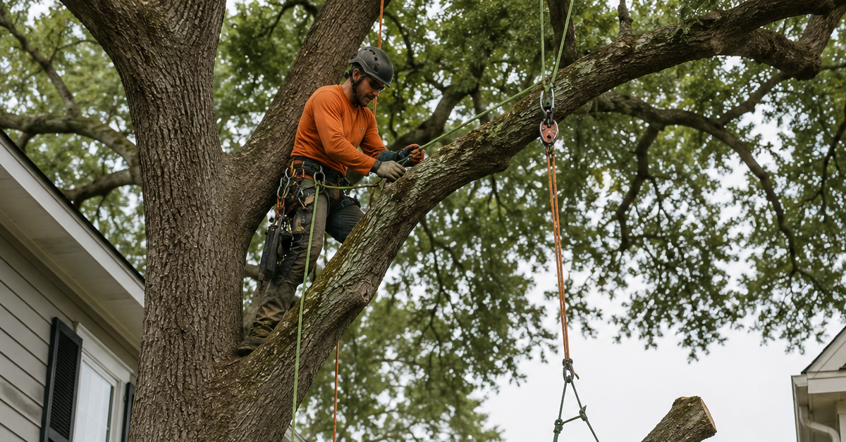 Climber rigging a water oak limb for controlled lowering between two homes in an older Pensacola neighborhood