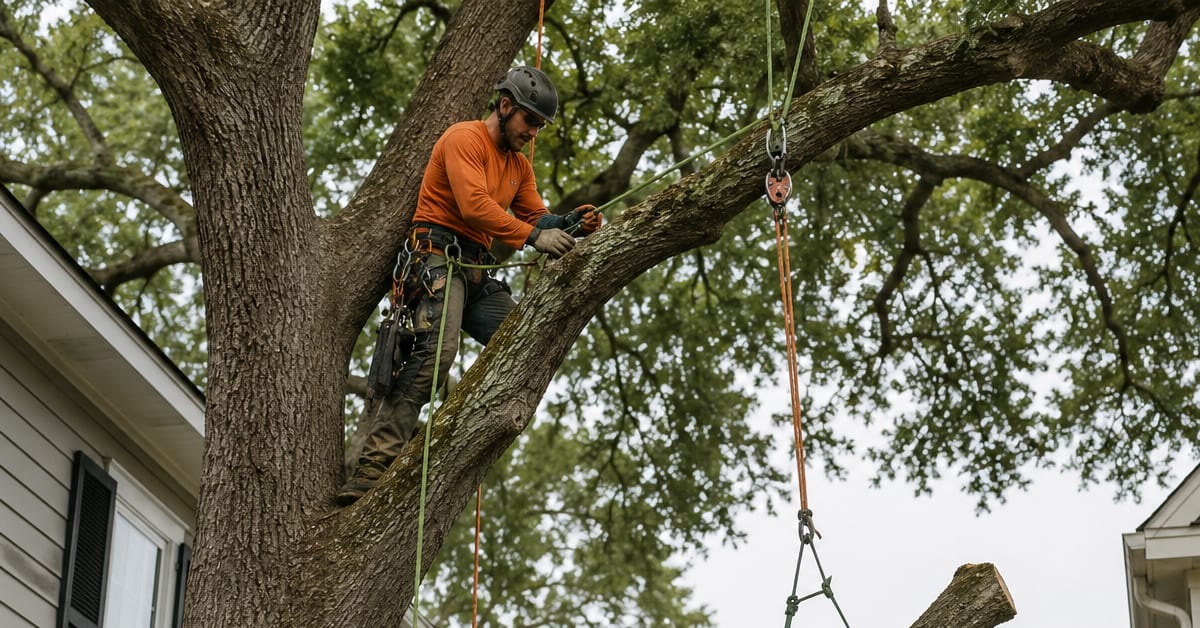 Climber rigging a water oak limb for controlled lowering between two homes in an older Pensacola neighborhood